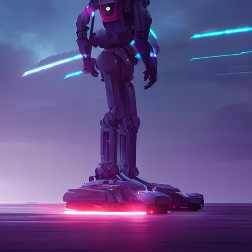 Image similar to hyperrealistic robot, futuristic, sci - fi, greg rutkowski, 3 d render, octane render, unreal engine, purple colors, dramatic lighting, epic composition