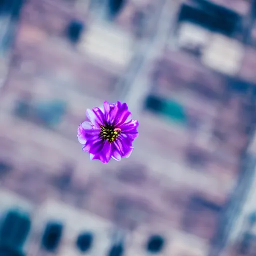 Image similar to closeup photo of purple flower petal flying above a city, aerial view, shallow depth of field, cinematic, 8 0 mm, f 1. 8