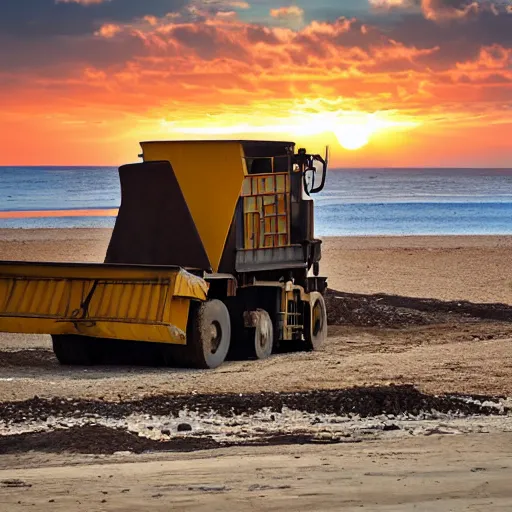 Prompt: a mining dump truck chilling on the beach, sunset