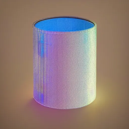 Image similar to pastel coloured fuji archival photography of a peculiar found 3 d object made of a unique matte, iridescent fabric material that bends light like a fresnel lens. the object is adorned with a machined silicon chip casing and an intricate detailing of quantum crystal circuits. the object has an inscription on the inner cuff and is placed in a white table.