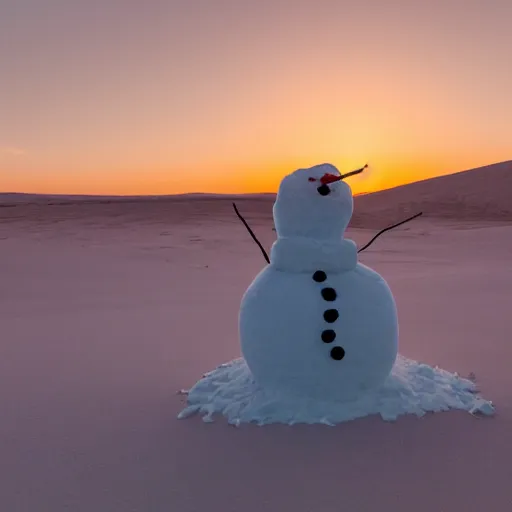 Prompt: there is a snowman made of snow in the desert, he is building a snowman from sand, golden hour, beautiful photography