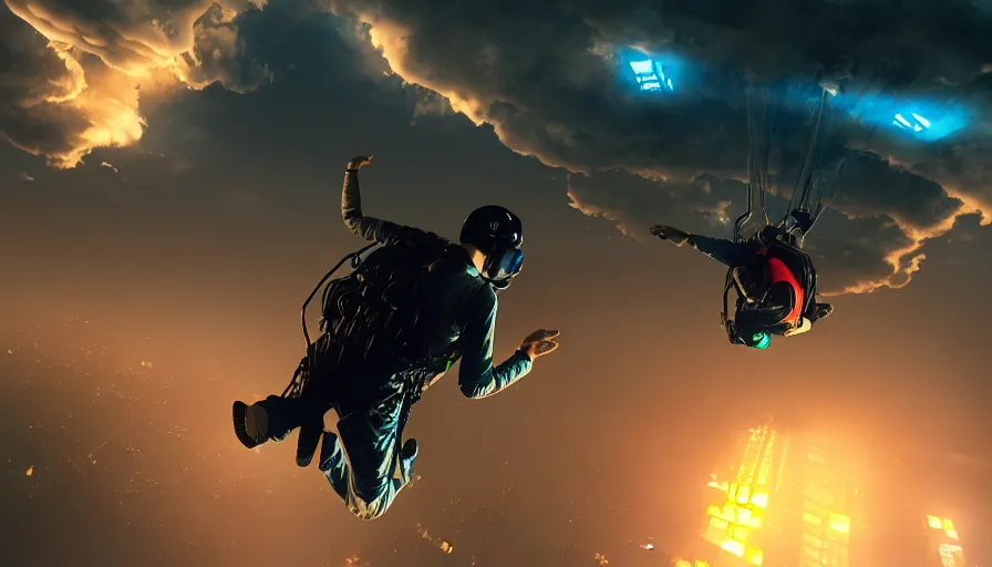 Image similar to man skydiving in dark cyberpunk city with clouds, volumetric lighting, dystopia, artstation, concept art, painting