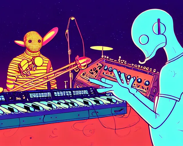 Prompt: a study of cell shaded cartoon of two aliens in a band playing a synthesizer and drums, subtle colors, post grunge, concept art by josan gonzales and wlop, by james jean, Victo ngai, David Rubín, Mike Mignola, Laurie Greasley, highly detailed, sharp focus, Trending on Artstation, HQ, deviantart, art by artgem