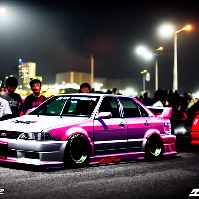 Prompt: a car JZX90 twin turbo drift at illegal car meet, Saitama prefecture, city midnight mist lights, cinematic lighting, photorealistic, highly detailed wheels, high detail