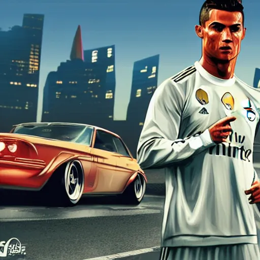 Prompt: Cristiano Ronaldo in a GTA 5 loading screen, concept art by Anthony McBain