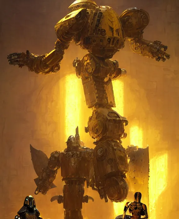 Image similar to human-sized strong intricate yellow pit droid holding large paladin medieval shield!!! and a long medieval engraved powerful great sword, pancake short large head painterly humanoid mecha, beautiful fantasy background by Greg Rutkowski