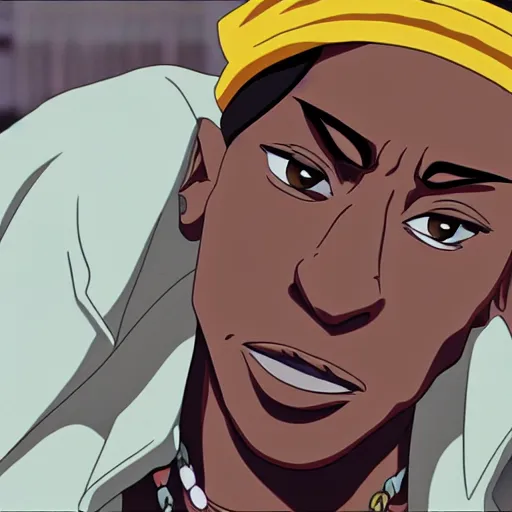 Image similar to Tupac Shakur, screenshot from a 2012s anime