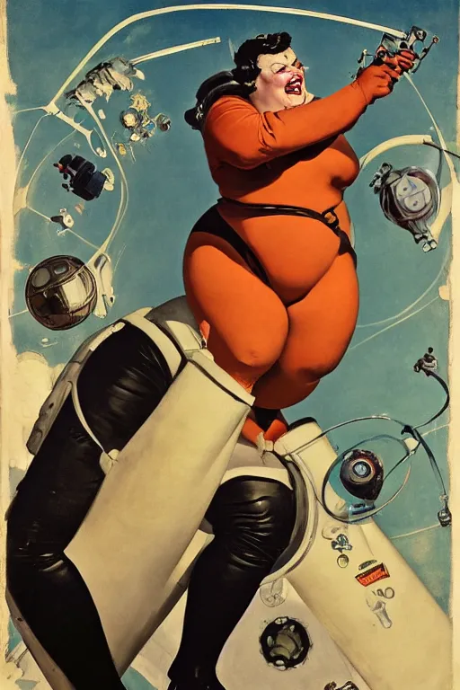 Image similar to 5 0 s pulp scifi fantasy illustration full body portrait laughing overweight woman in leather spacesuit, space scene, by norman rockwell, roberto ferri, daniel gerhartz, edd cartier, jack kirby, howard v brown, ruan jia, tom lovell, frank r paul, jacob collins, dean cornwell, astounding stories, amazing, fantasy, other worlds