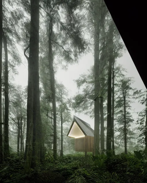 Image similar to an exquisite wooden house in the middle of a lush forest, minimalist design, architectural photography, dark and dim lighting, beautiful, tranquil, moody, cinematic, fantasy, 3 5 mm lens, volumetric lighting, first person view, photographic render, hyper realistic