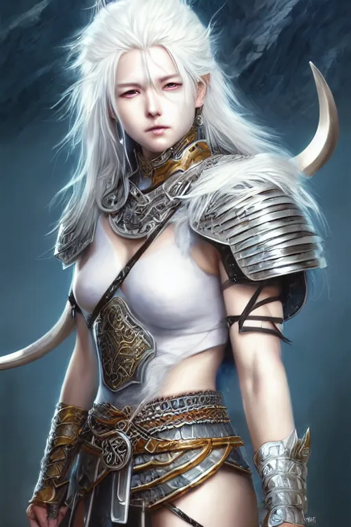 Image similar to A realistic anime portrait of a beautiful white haired female barbarian wearing an intricate viking armor, digital painting, by Stanley Artgerm Lau, Sakimichan, WLOP and Rossdraws, digital painting, painterly, Pixiv, Deviantart, golden ratio, rule of thirds, good composition, HD, 8k, award winning, promo art, splash art, rpg, jrpg, dungeons and dragons, DND, trending on ArtStation