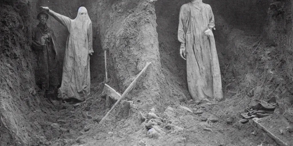 Prompt: scary unproportionable tall ghost creature in the middle of a trench, ghost, 1900s picture