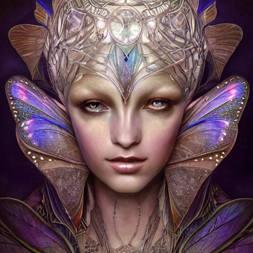 Image similar to beautiful closeup portrait of an art deco faerie queen, glowing eyes. reflective detailed textures, moth wings, highly detailed dark fantasy science fiction painting by tom bagshaw and diego rivera and annie swynnerton and jean delville, elaborate geometric ornament, ancient runes, silver and cool colors. artstation