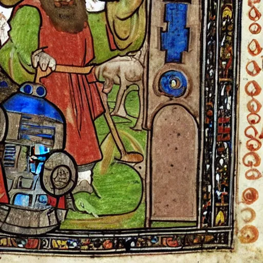 Image similar to page from a 1 4 th century monk's manuscript illustrating an epic battle between r 2 d 2 and!! pepe the frog!!