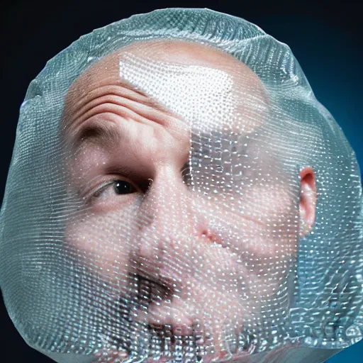 Prompt: portrait of a man who's face is made of bubble wrap plastic, he looks terrified