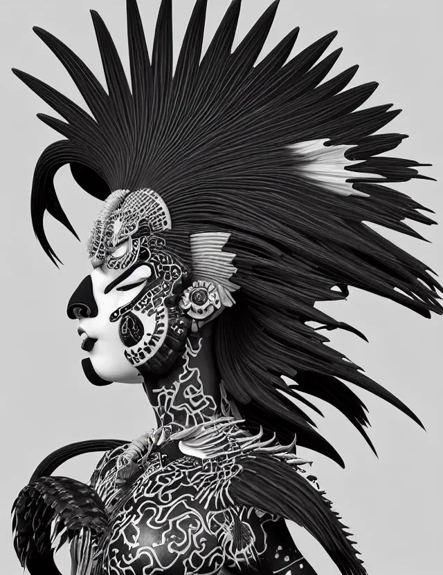 Image similar to 3 d goddess close - up profile portrait punk with mohawk with ram skull. beautiful intricately detailed japanese crow kitsune mask and clasical japanese kimono. betta fish, jellyfish phoenix, bio luminescent, plasma, ice, water, wind, creature, artwork by tooth wu and wlop and beeple and greg rutkowski