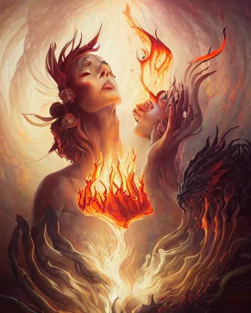 Image similar to liquid smoke and fire nicole aniston, autumn overgrowth, ancient relic archaic burning inscriptions, peter mohrbacher, artgerm, ross tran