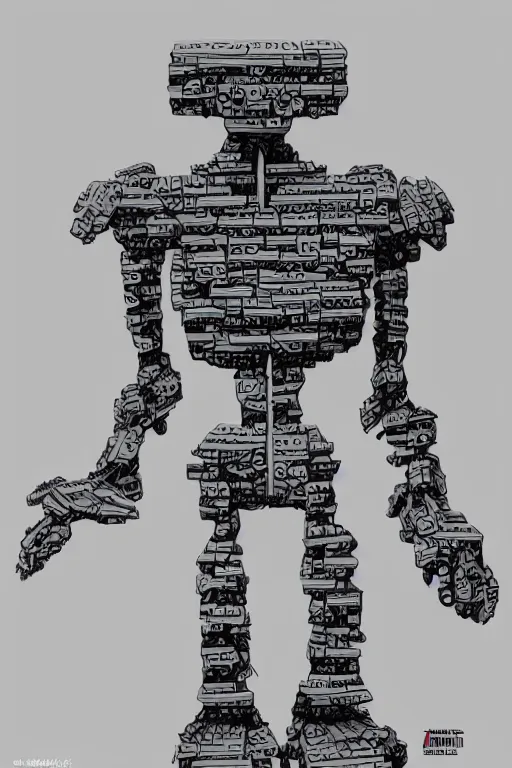 Prompt: a drawing of a robot made out of bricks, concept art by hirohiko araki, polycount, antipodeans, concept art, official art, full body