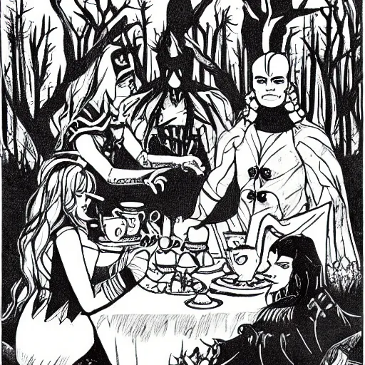 Image similar to the necromancer having a tea party with the paladin in a forest