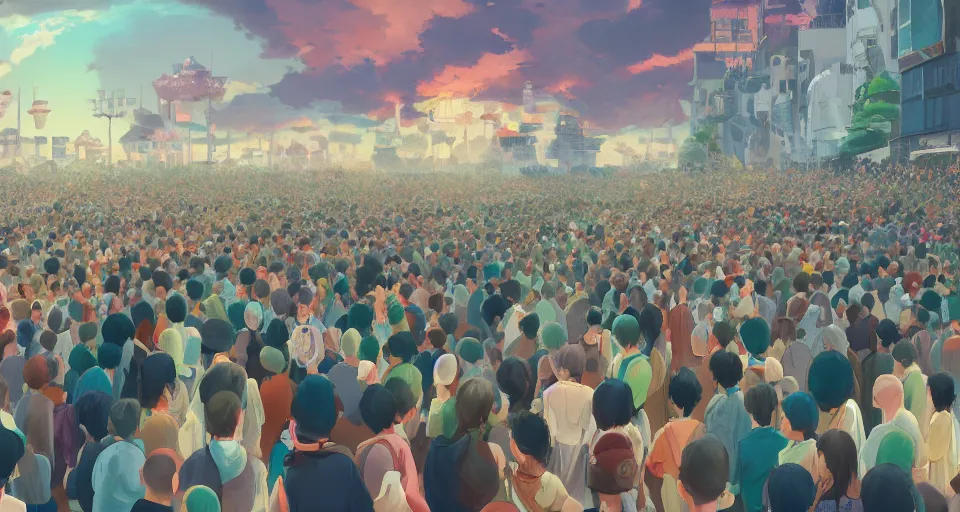 Prompt: a beautiful painting of crowd at an event by studio ghibli, gigantic, octane render, brilliantly coloured, intricate, ultra wide angle, trending on artstation, dusk, volumetric lighting, polished, micro details, ray tracing, 8k