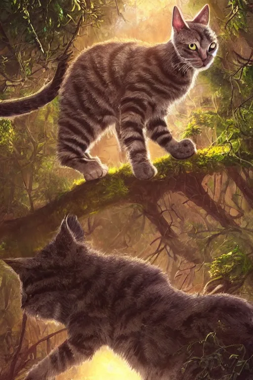 Image similar to warriors book cover, cat in a forest, by wayne mcloughlin, trending on artstation, backlighting