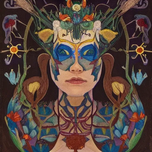 Image similar to the bone crown, by Annie Swynnerton and Nicholas Roerich and (((Diego Rivera))), embroidered robes, floral tattoos, bioluminescent skin!, elaborate costume, geometric ornament, symbolist, soft colors, dramatic lighting, smooth, sharp focus, extremely detailed