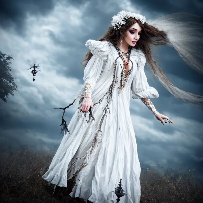 Prompt: photograph of a real-life beautiful air witch with ornate white dress. Extremely detailed. 8k