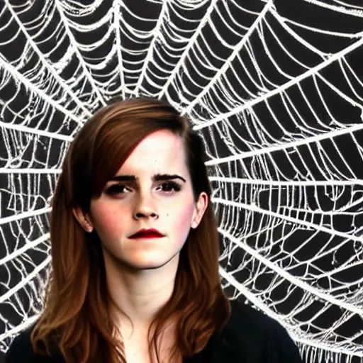 Image similar to upset emma watson hanging from and trapped in a giant spider web