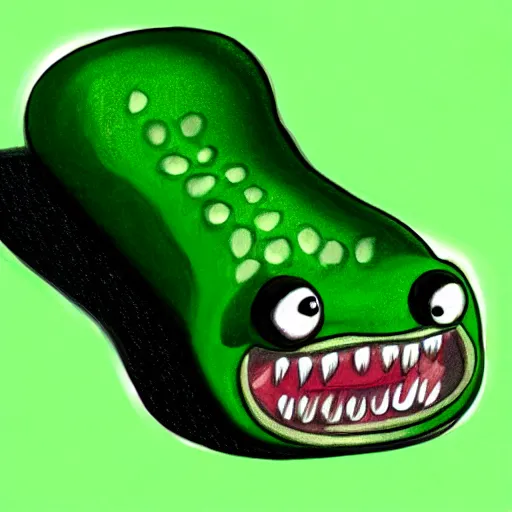 Image similar to Green Sausage with eyes and fangs, fine details, concept art