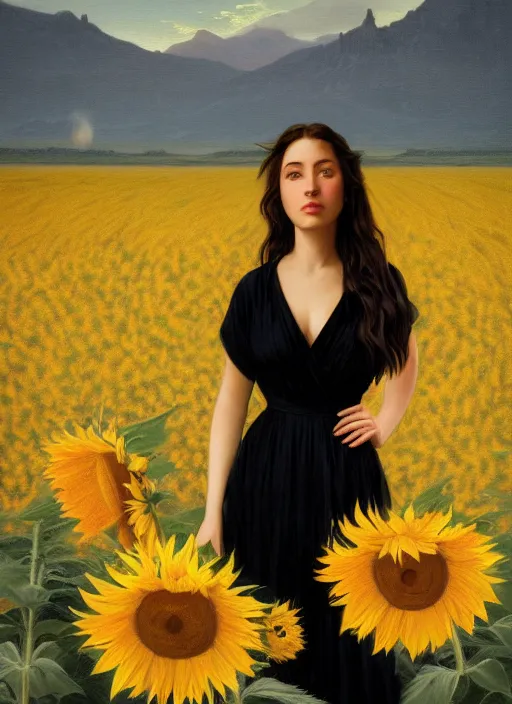 Image similar to oil painting portrait of a young woman with long dark flowing hair in a black dress, standing in a windy field of sunflowers at sunset with mountains in the background, hazy, digital art, chiaroscuro, artstation, cinematic, golden hour, digital art painting by greg rutkowski, bouguereau, 7 0 s japanese book art, hazy atmosphere, flowers, cinematic lighting