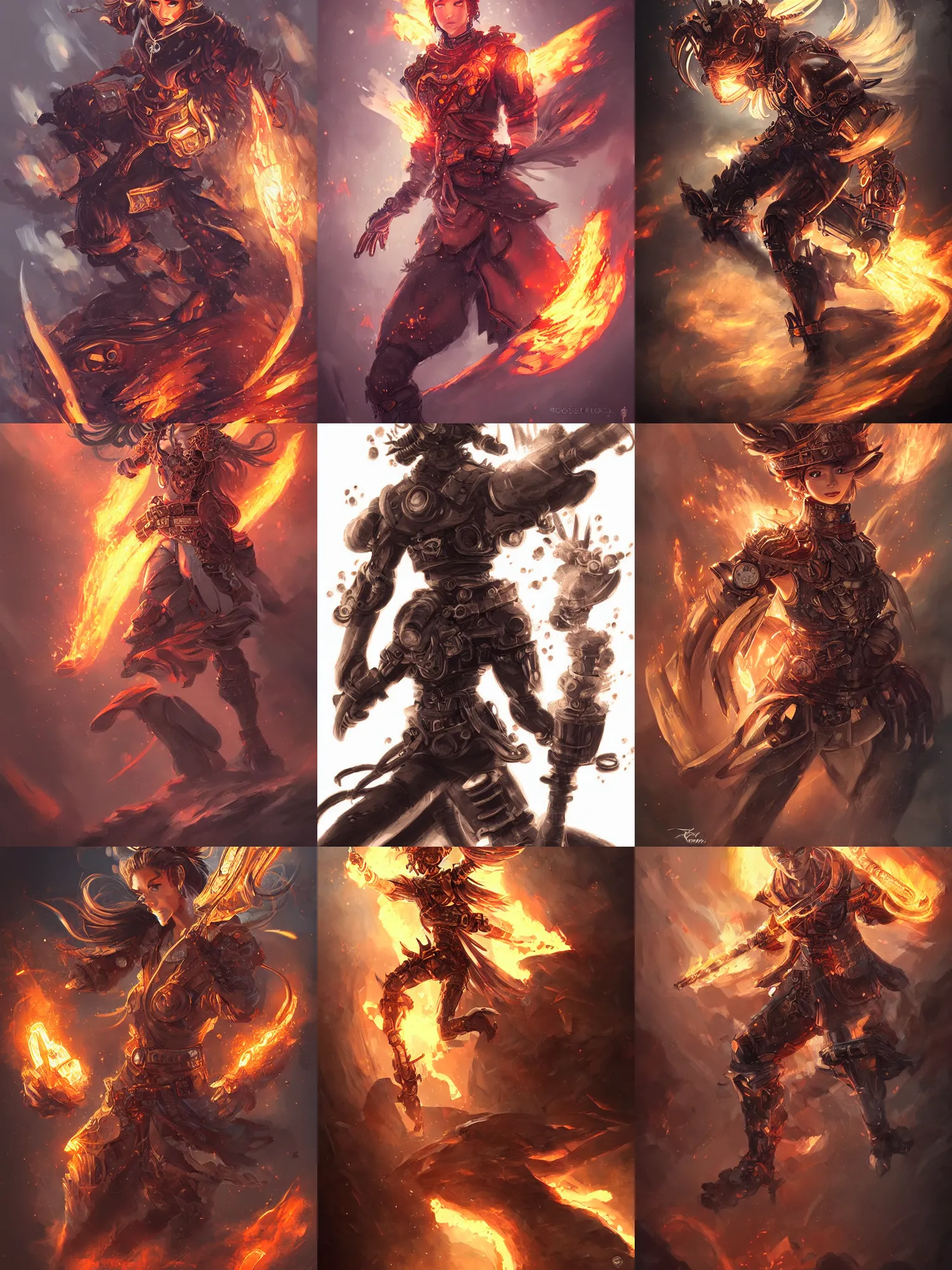 Prompt: fire elemental, rocky, humanoid, steampunk, high fantasy, highly detailed, sharp focus, high fantasy, by rossdraws