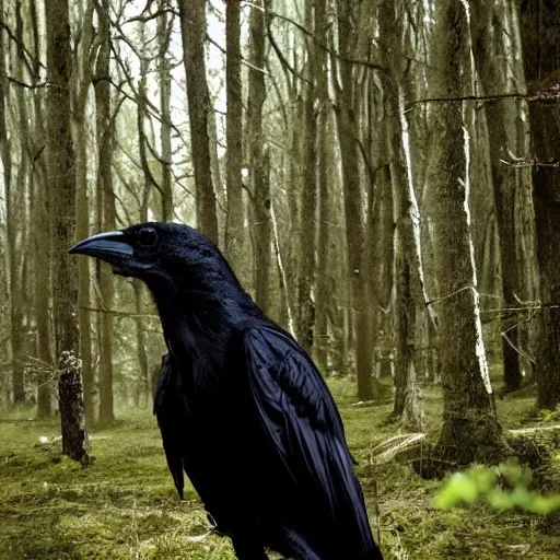 Prompt: !! werecreature consisting of male human and crow, photograph captured in a forest