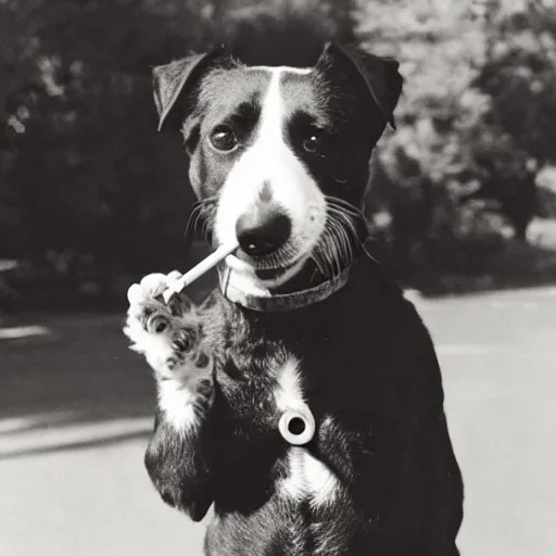 Image similar to photograph of a dog holding a cigarette in its mouth, smoking