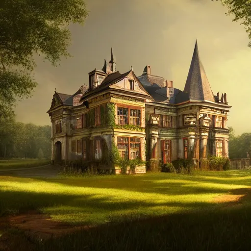 Prompt: matte painting of a countryside landscape of a noble estate with xix century manor. fantastical, elegant, intricate elaborate, brown brick, opulent, verdant lawn. sharp focus, smooth detailed digital art trending in artstation