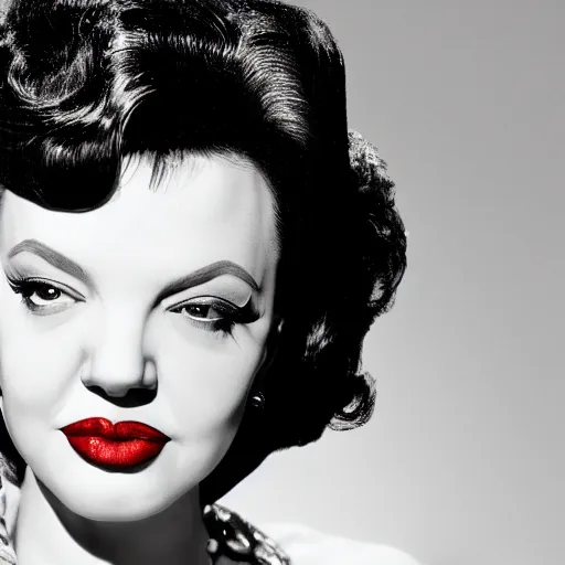 Image similar to a photographic portrait of a hybrid of judy garland and lisa minelli and angelina jolie, close up