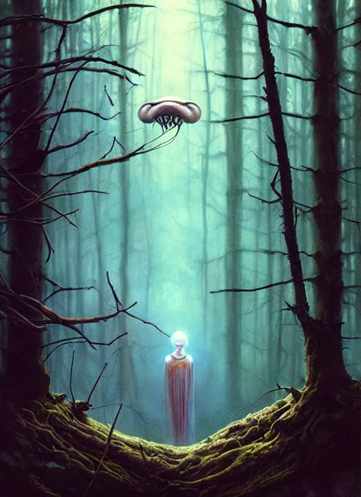 Image similar to hyper realistic spooky alien in the woods in a river gorgeous lighting, lush forest foliage blue sky a hyper realistic painting by chiara bautista and beksinski and norman rockwell and greg rutkowski, tom bagshaw weta studio, and lucasfilm