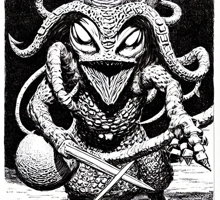 Prompt: an octorok from legend of zelda as a d & d monster, pen - and - ink illustration, etching, by russ nicholson, david a trampier, larry elmore, 1 9 8 1, hq scan, intricate details, high contrast, no background