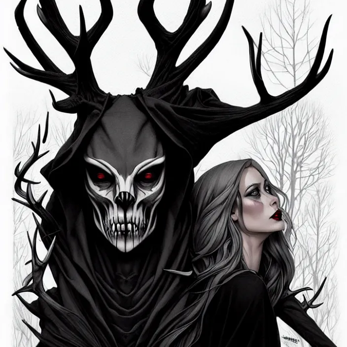 Image similar to style artgerm, joshua middleton, diego fazio, gerald brom : : scary wendigo with antlers and skull face mixed with werewolf : : [ beautiful witch wearing a black dress, symmetrical face, on the right side ] : : in the forest, detailed, dark and foggy, cinematic lighting