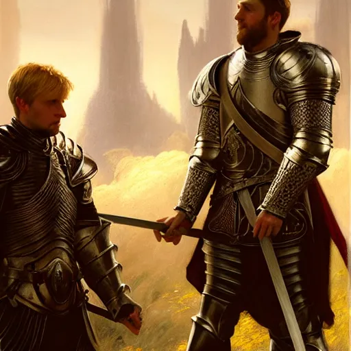 Image similar to attractive arthur pendragon and his favourite attractive male knight, they are in love, camelot, natural lighting, path traced, highly detailed, high quality, digital painting, by gaston bussiere, craig mullins, j. c. leyendecker