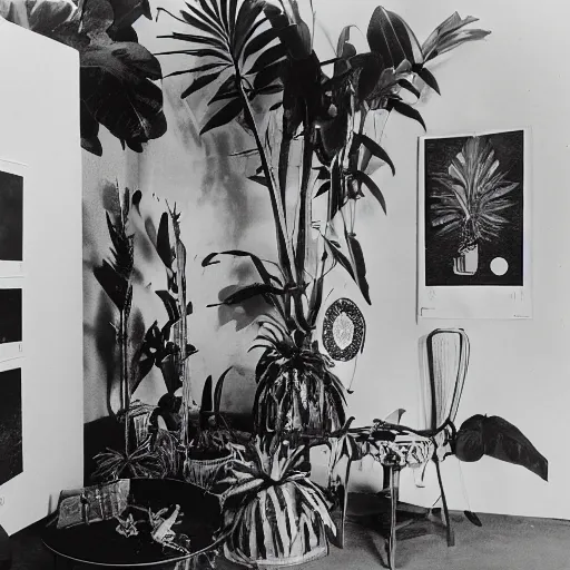 Image similar to A black and white photography of an exhibition space with objects of Sun Ra, Marcel Duchamp and tropical plants, 60s, offset lithography print, newspaper, distant shot