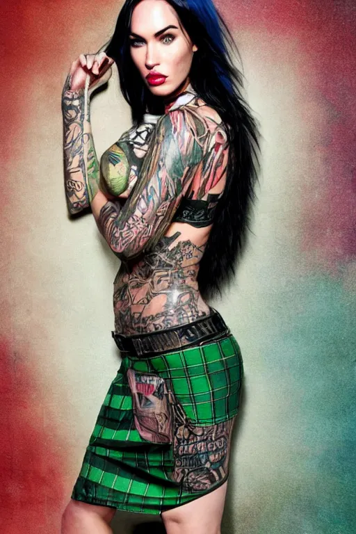 Image similar to upper body portrait megan fox as a punk woman with green mohawk, covered in neotraditional style tattoos, wearing a bold tees shirt, fishnets and a long tartan skirt, intimidating, max details, hyperrealistic, photorealistic, ultra - realistic, ultra - detailed, cinematic, 8 k resolution by alan lee