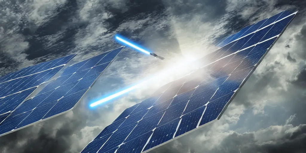 Image similar to an amzing opening of the credits like star wars, mixed solar panel laying