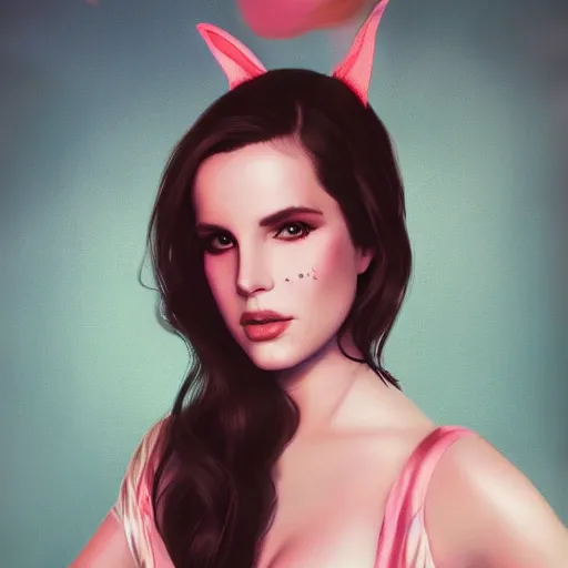 Image similar to detailed photo of lana del rey wearing a playboy bunny outfit, 8 k, by greg rutkowski, artgerm, global illumination