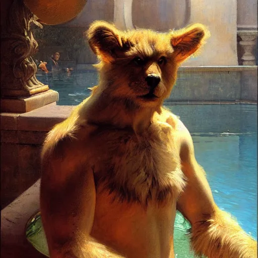 Prompt: a portrait of a very furry human with an animal's head in the pool, furry body, furry arms, furry legs, furry tail. highly detailed painting by gaston bussiere, craig mullins, j. c. leyendecker, furry