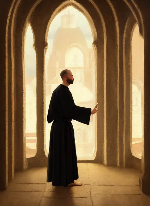 Image similar to oil painting of a medieval dominican monk in robes, looking out of a monastery window contemplatively, a majestic cathedral in the background, digital art, artstation, cinematic, golden hour, digital art painting by greg rutkowski