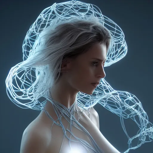 Image similar to a highly detalied digital image of a beautiful futuristic woman elegantly tangled in white threads, by Andrew Chiampo, artstation, and Frederik Heyman, extremely detailed woman, stunning volumetric lighting, hyper realism, fantasy 4k, 8k