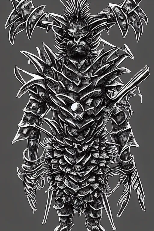 Image similar to pineapple humanoid figure monster wearing pineapple themed armour, symmetrical, highly detailed, digital art, sharp focus, trending on art station, kentaro miura manga art style