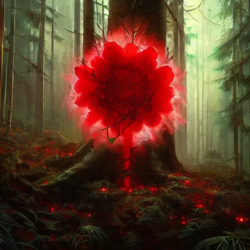 Image similar to A highly detailed oil painting of a blood red, crystal flower glowing bright red in the middle of a dark forest, by Greg Rutkowski.