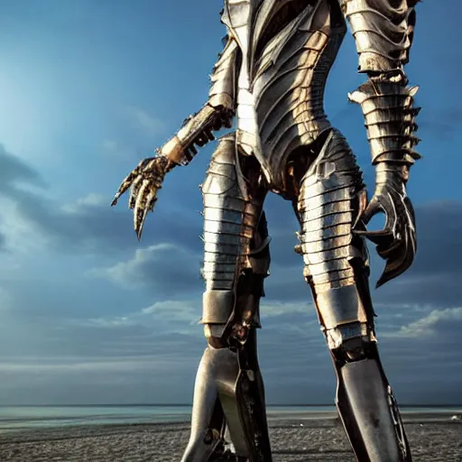 Prompt: chest up shot, realistic detailed stunning beautiful armored anthropomorphic humanoid robot female dragon, looking to the side with an elegant pose of hand on hip, smooth and streamlined armor and design made of steel, sharp claws and sharp teeth, high quality head, Slick LEDs, standing on two legs, on the beach during sunset, high quality, cinematic art, sci fi, sunset lighting, 3D render, 8k, artstation, deviantart, furaffinity