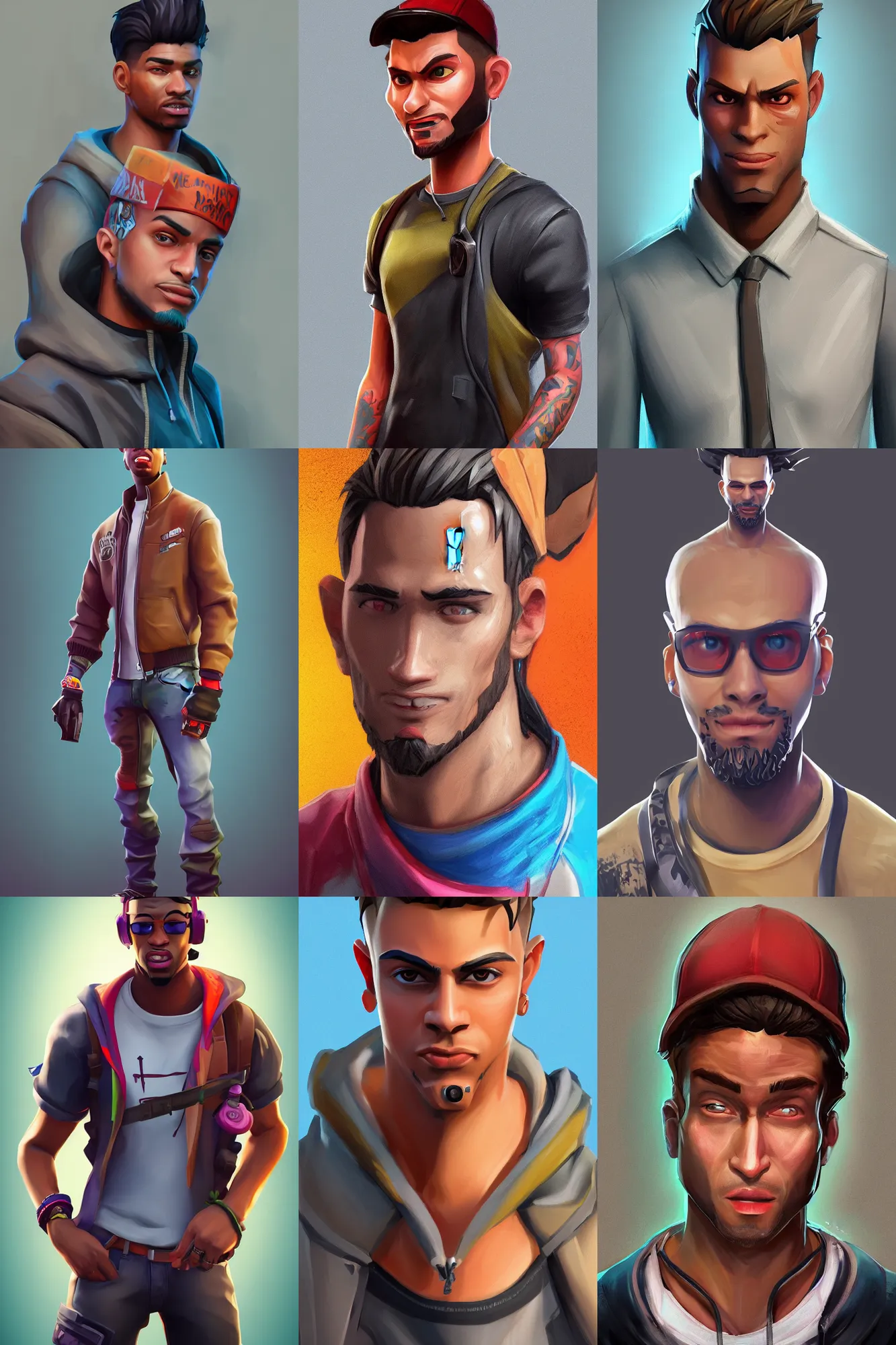 Prompt: a full body realistic stylized concept art portrait digital painting of a single man dressed in 90s street clothing with face and body clearly visible, fortnite, valorant, artstation trending, high quality, happy mood, artstation trending, vibrant colours, no crop, no helmet, entire character, blank background, SFW,