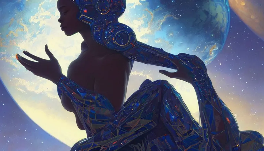 Image similar to concept art of very very very very very very beautiful african woman, futuristic spacesuit, floating in space with epic cosmos in the background, real life skin, intricate, elegant, highly detailed, artstation, concept art, smooth, sharp focus, art by artgerm and greg rutkowski and alphonse mucha